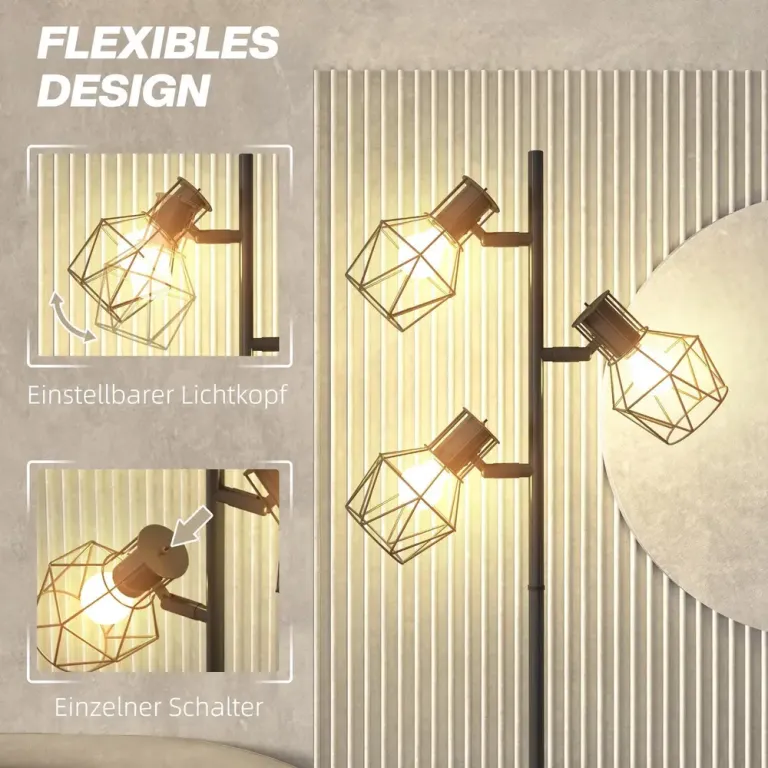 Golvlampa med 3 Flexibla Lamphuvuden och Fotbrytare, Svart