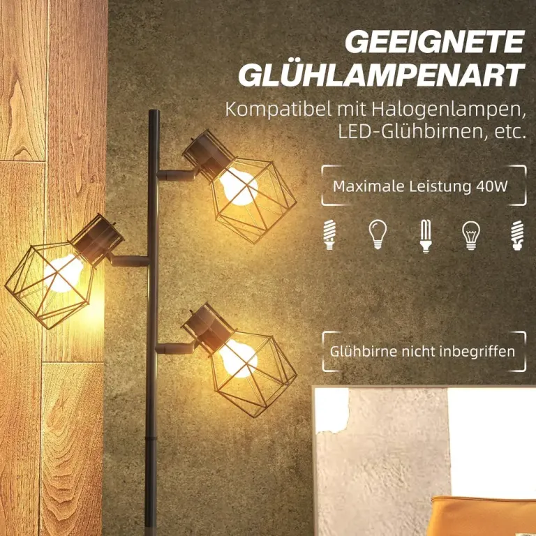 Golvlampa med 3 Flexibla Lamphuvuden och Fotbrytare, Svart
