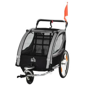 Barnvagn Cykelvagn 2-i-1 Hopfällbar Grå av Tyg och Metall för 2 Barn från 18 Månader Vagn med Bromsar 26,4 kg