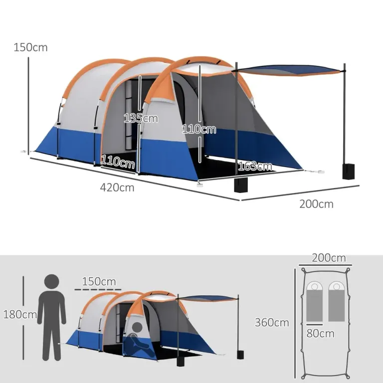 Campingtält Tunneltält för 3 Personer Orange av Polyester