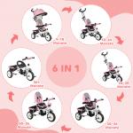 6-i-1 Trehjuling för Barn med Tryckstång, Kapell, Sele och Förvaringskorg, 1–5 År, Rosa