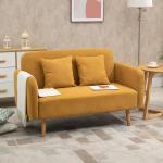 2-Sitsig Soffa med Fotstöd, Bekväm Loveseat i Sammet med Kuddar, Kompakt Tygsoffa i Unik Design, Natur/Gul