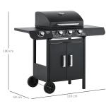 Gasolgrill med 3 Huvudbrännare + 1 Sidobrännare, Förvaring, Rostfritt Stål, Svart, 110 x 50 x 100 cm