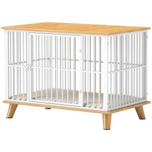 Hundbur Hundkennel Ek av Trä och Metall för Medelstora Hundar Låsbar Bur med Kudde och Dörr 86 x 60 x 70 cm