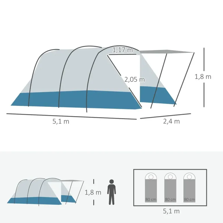 Campingtält Tunneltält för 8 Personer Blå av Polyester