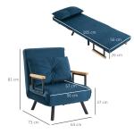 Bäddsoffa Relaxstol Blå av Sammet och Metall för Vardagsrum Sängfunktion med Justerbart Ryggstöd och Ryggkudde 63 x 73 x 81 cm