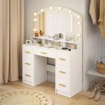 Sminkbord Hollywood med Belysning Vit MDF för Sovrum Sminkset med 10 LED-Lampor och Spegel 7 Lådor och Fack Rymlig Förvaring Modern
