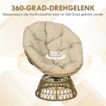 Papasanstol Snurrstol Khaki av Rotting och Metall för Trädgård och Vardagsrum Flätad Stol med Kudde 360 Graders 85 x 70 x 82 cm
