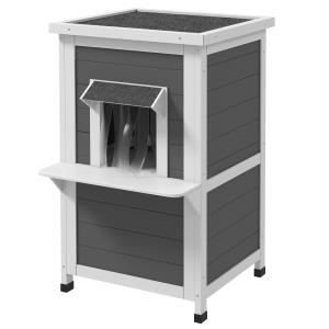 Katthus Kattgrotta Grå Vit av Trä för Utomhusbruk 2-Vånings Väderbeständigt Hus med Tak och Balkong 60 x 60 x 81,5 cm