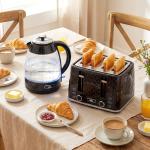 Frukostset Vattenkokare och Brödrost Svart Rostfritt Stål för Kök Snabbkokning och 4 Skivor Brödrost med Kalkfilter 1,7 Liter 2200W
