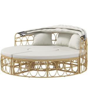 Trädgårdsmöbelset Sittgrupp Kräm av Rotting och Metall för Trädgård och Terrass Tvåsits Soffa med Fällbar Himmel och Soffbord Shell Design