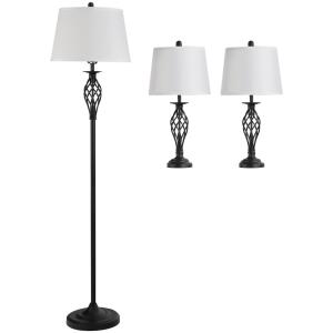 Set med 3 Lampor 2 Bordslampor och 1 Golvlampa Vintage Svart Vit Metall och Bomull Bordslampa Ø38 Cm Golvlampa Ø62 Cm
