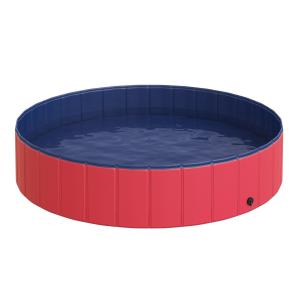 Hundbassäng Stor Plaskdamm för Hundar Pool PVC och Trä för Sommarnjutning och Svalka Röd Ø140 X H30 Cm
