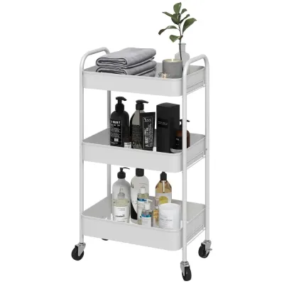 Rullvagn med 3 Korgar och Hjul 45 x 30,5 x 76 cm, Vit