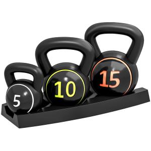 Kettlebell-set, 3 Kettlebells (2,2 kg / 4,5 kg / 6,8 kg), Plastöverdrag, Svart