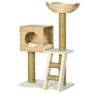 Skrapstolpe Kattträd Natur av Sisal och Trä för Små Katter 100,5 cm Hög Klösträd med Kattgrotta och Säng