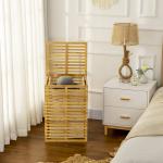 Bambu Tvättkorg med Lock och Tvättpåse, 63 L, Naturträ, 44 x 37 x 62,5 cm