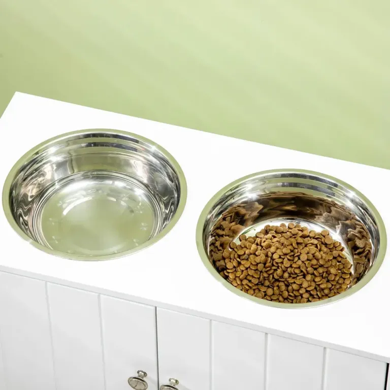 Hundskålar Foderstation Vit av Rostfritt Stål och Trä
