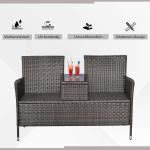 Trädgårdsbänk med Bord i Mitten 2-Sits Konstrotting med Glasskiva Väderbeständig och Bekväm Grå 133 X 63 X 84 Cm