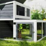Kaninbur Smådjursbur 2 Våningar Grå av Massivt Trä för Kaniner Vintertätt Hus med Fällbart Tak och Utomhusinhägnad 122 x 95 x 93,5 cm