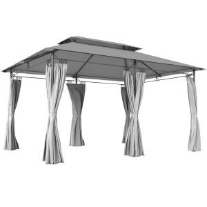 Paviljong med Dubbeltak och Avtagbara Gardiner samt Metallram för Trädgård Hållbar och Stabil Mörkgrå Polyester och Stål 3 x 4 m