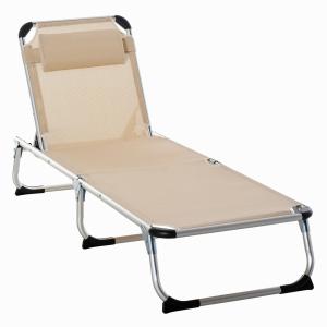 Justerbar Solsäng i Aluminium, Hopfällbar Solstol med 5 Lägen, Ergonomisk Design i Beige Textilene, Beige, 170 x 60 x 76 cm