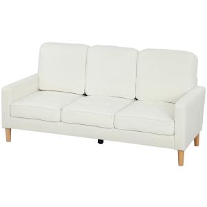 3-sits Soffa med Tjocka Kuddar, Gummiträ och Tygöverdrag för Vardagsrum och Kontor, Krämvit