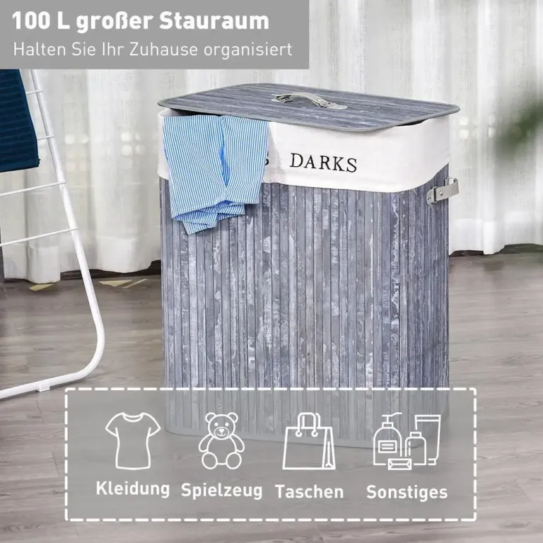 Tvättkorg i Bambu med Lock 100 l Tvättuppsamlare, Grå