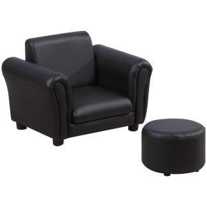 Barnfåtölj med Fotpall i Konstläder, Bekväm Minisoffa för Barn 3-7 År, Ergonomisk Sittplats med Träram för Barnrummet, Svart, 54 x 42 x 41 cm