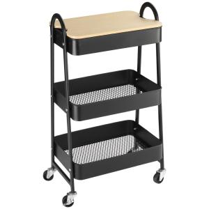 Rullvagn, Serveringsvagn med 3 Korghyllor, Metall, Plast, Svart