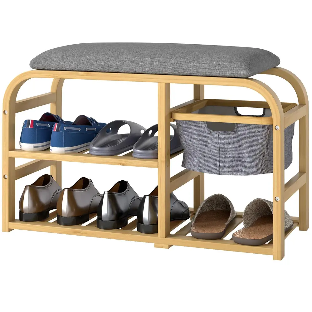 Skobänk Skoställ 2 Plan Grå av Bambu 70 x 30 x 45 Cm
