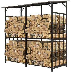Vedhylla Vedförråd Svart av Stål för Utomhusbruk Träskydd med Lock Lastkapacitet 100 kg 186 x 75 x 185 cm