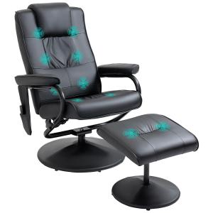 Massagestol med Pall, Vridbar Vilstol med Massagefunktion, Elektrisk TV-stol med Liggfunktion, Fjärrkontroll, Konstläder, Svart