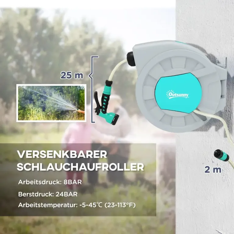 Slangupprullare Vattenslang 180° Svängbar Grön Grå 25 m