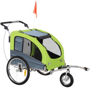 Hundvagn Cykelvagn Grön Grå Oxford Tyg för Hundar och Husdjur Joggervagn Stor och Stabil med Säkerhetsflagga 155 X 83 X 108 Cm