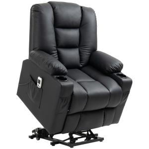 Massagestol Relaxstol Svart av Konstläder och Metall för Vardagsrum med Ståhjälp och Liggfunktion USB Port upp till 150 kg