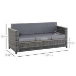 3-Sits Soffa i Konstrotting, Bekväm Trädgårdssoffa med Mjuka Dynor, Väderbeständig Utemöbel för Terrass och Balkong, Grå, 185 x 70 x 80 cm