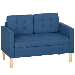 Tvåsitssoffa med Förvaringsutrymme och Knapphäftning samt Kuddar för Vardagsrum Ergonomisk och Stabil Blå Kautschukträ och Tyg 117 x 62 x 78 cm