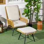 Polyrattan Trädgårdsstol med Pall, Justerbart Ryggstöd, Ljusbrun/Grå/Svart