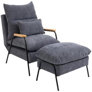 TV-Fåtölj med Pall, Bekväm Relaxstol med Fällbart Ryggstöd, Ergonomisk Vilostol i Tyg, Grå, 68 x 91,5 x 88 cm