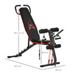 Justerbar Träningsbänk med Elastiskt Rep, Sit-up-bänk, 6 Nivåers Ryggstöd, upp till 150 kg, Stål och Konstläder, Svart + Röd, 145 x 49 x 48–127 cm