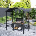 Grillpaviljong 233 X 110 X 235 Cm Vindtät Trädgårdspaviljong Med Dubbeltak, Hyllor, Lusthus Med Uv-Skydd, Bbq-Paviljong Av Stål, Trädgårdstält Grilltält För Festgrill, Mörkgrå