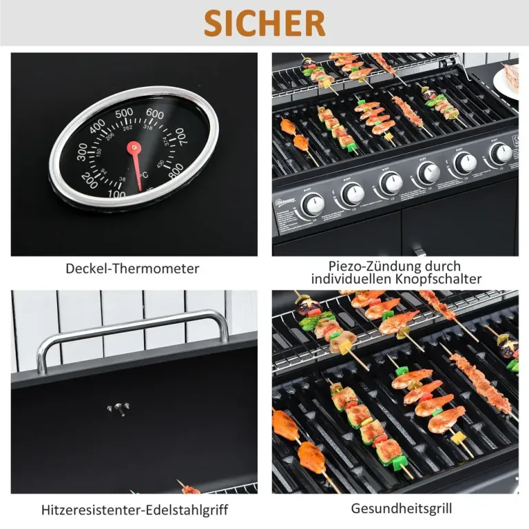 Gasolgrill med 7 Brännare och Termometer, Rostfritt Stål