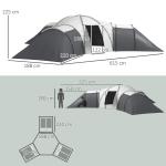 Tunneltält Familjetält Grå av Polyester för Camping 6-9 Personer med 3 Sovrum och Vardagsrum Vattenpelare 2000 mm