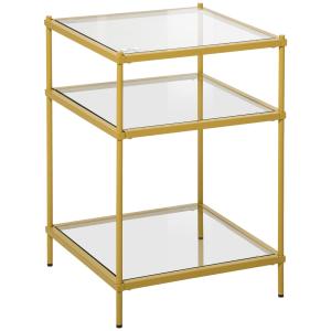 Sidobord i Glas med 3 Hyllplan, Elegant Sängbord med Guldram, Modern Förvaring för Vardagsrum, Guld, 40 x 40 x 60 cm