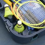 Badmintonnät med Stativ Bärbart Badmintonnätstativ Inkl. 4 Badmintonracketar Gula och Blå