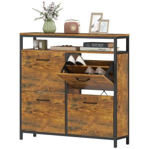 Skoskåp med 4 Fällbara Lådor, Slimmad Design och Öppen Hylla för 12-20 Par i Stål, Brun