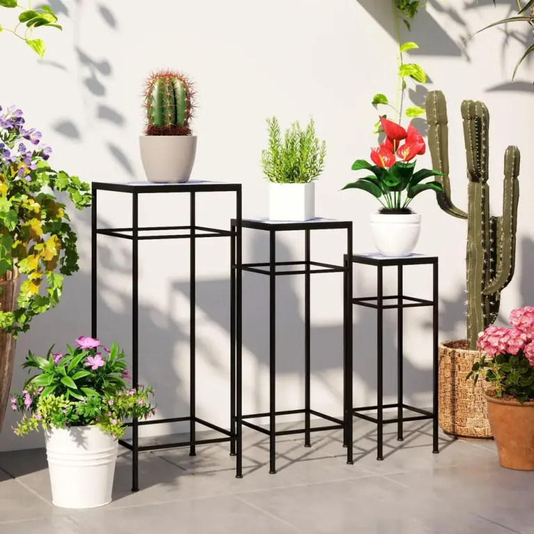 Växtställ Blomsterställ Set 3 Blå Vit av Metall 71 cm