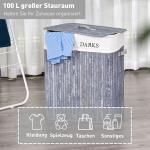 Tvättkorg i Bambu med Lock, 100 L, Tvättuppsamlare med PU-handtag, Canvaspåse, för Tvättstuga, Sovrum och Badrum, Grå