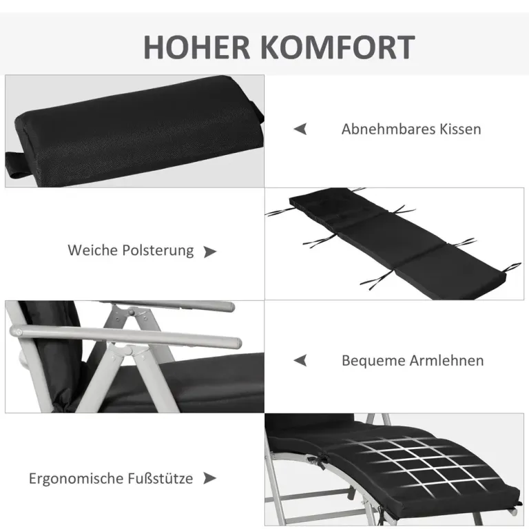Hopfällbar Solsäng Solstol med Nackkudde 7 Lägen Svart